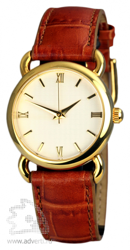 Часы наручные Грац, женские, золотой корпус с коричневым ремнем под крокодила