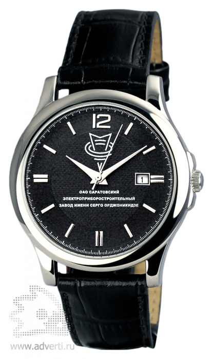 Часы наручные Дельта, мужские, серебряный корпус с черным циферблатом и ремешком