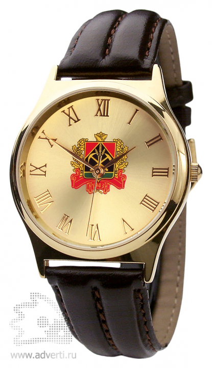 Часы наручные Модерн, мужские, золотой корпус и циферблат с коричневым ремешком