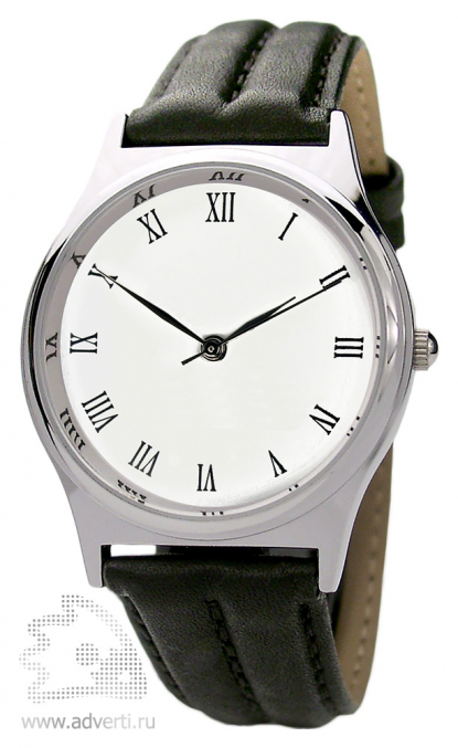 Часы наручные Модерн, мужские, серебряный корпус с белым циферблатом и черным ремешком
