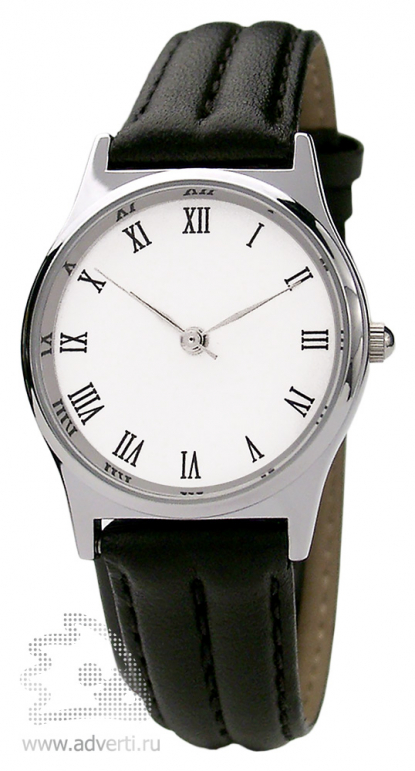 Часы наручные Монреаль, женские, серебряный корпус и белый циферблат с черным ремнем