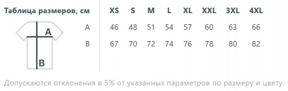 Размерная таблица футболки Odyssey, унисекс