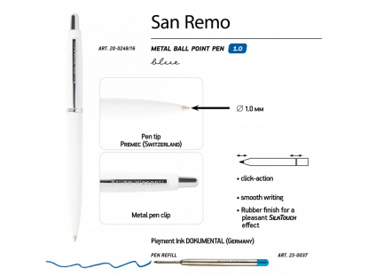Ручка металлическая шариковая San Remo, софт тач, белая