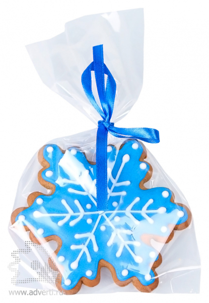 Имбирный пряник Снежинка шестиугольная с росписью в два цвета, синяя с примером упаковки