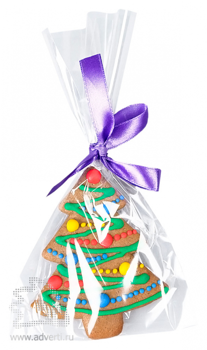 Имбирный пряник Елка с гирляндами разноцветная, пример упаковки