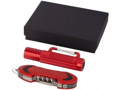 Подарочный набор Ranger с фонариком и ножом, красный, рядом с коробкой
