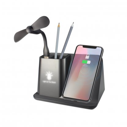 Настольный органайзер Mercury с беспроводной зарядкой и вентилятором, пример использования