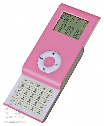Калькулятор раздвижной с календарем и часами, розовый