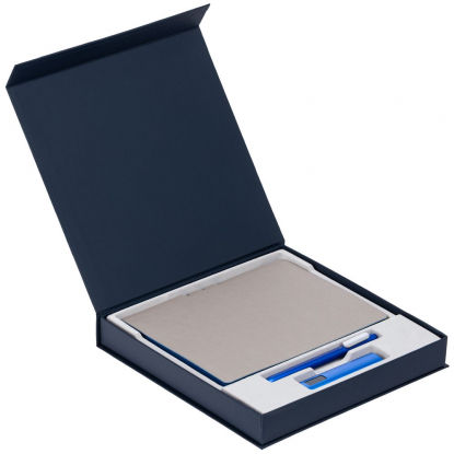 Коробка Memoria под ежедневник, аккумулятор и ручку, синяя, пример использования