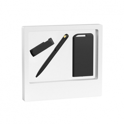 Набор ручка Jupiter + флеш-карта Case + зарядник Theta 4000 mAh в черном футляре, бело-черный