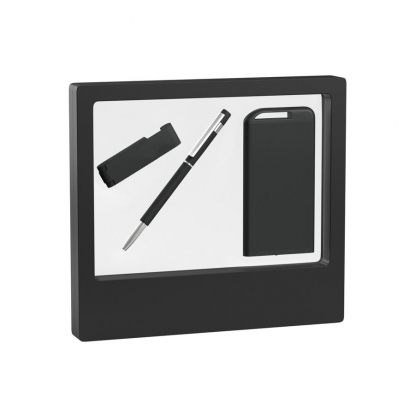 Набор ручка Star + флеш-карта Case 8 Гб + зарядник Theta 4000 mAh в черном футляре, черный с серебром