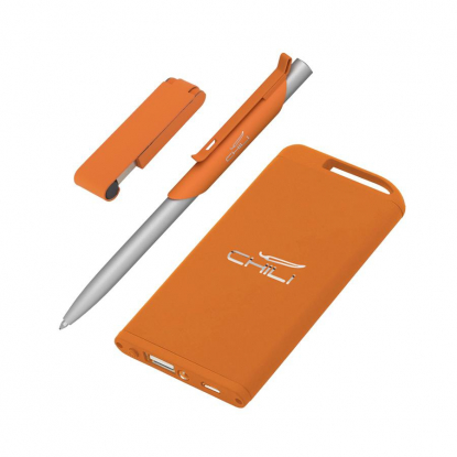 Набор ручка Skil+ флеш-карта Case 8 Гб + зарядное устройство Theta 4000 mAh в футляре, оранжевый, наполнение