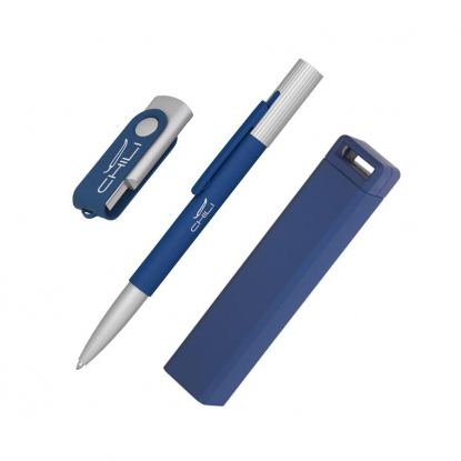 Набор ручка Clas + флешка Vostok 8/16 Гб + зарядное устройство Chida 2800 mAh в футляре, синий, наполнение
