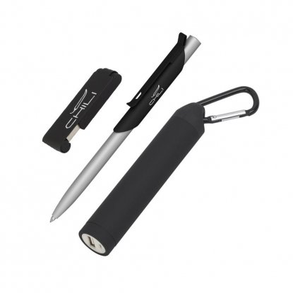 Набор ручка Skil + флеш-карта Case 8Гб + зарядное устройство Minty, емкость 2800 mAh, в футляре, черный, наполнение