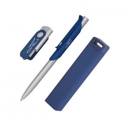 Набор ручка Skil + флешка Vostok 8/16 Гб + зарядное устройство Chida 2800 mAh в футляре, синий, наполнение
