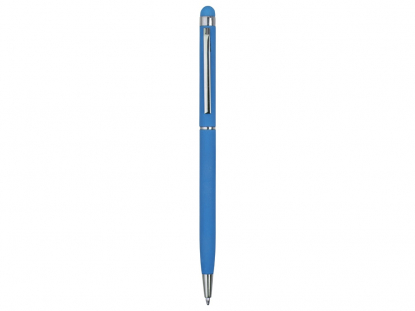 Ручка-стилус металлическая шариковая Jucy Soft soft-touch, голубая, вид сзади