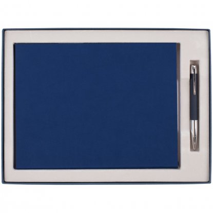 Коробка Roomy с ложементом под ежедневник и ручку, синяя, пример наполнения