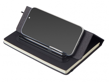 Блокнот А5 NotaBene с металлической шариковой ручкой и подставкой для телефона, черный