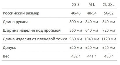 Размерная таблица дождевика светоотражающего Sunny reflector с чехлом