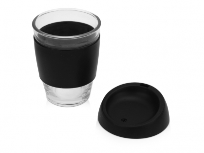 Стеклянный стакан с силиконовой крышкой и манжетой Monday, черный, открытый