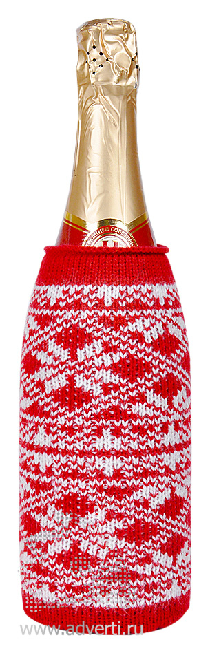 Чехол вязаный на бутылку/термос Зимний орнамент, красный