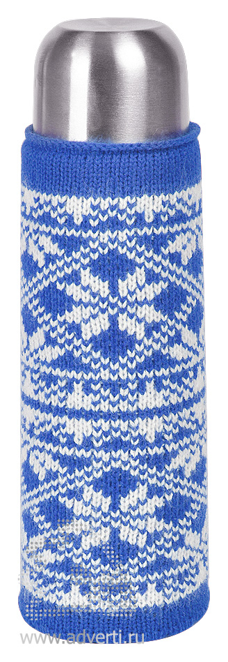 Чехол вязаный на бутылку/термос Зимний орнамент, синий