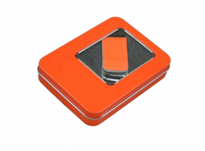 Флешка с кожаным корпусом, оранжевая, с коробкой
