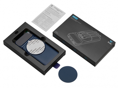 Магнитный беспроводной внешний аккумулятор со встроенными кабелями Мэни, 10000 мАч, темно-синий