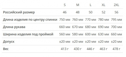 Размерная таблица ветровки светоотражающей Рефлектор гибрид