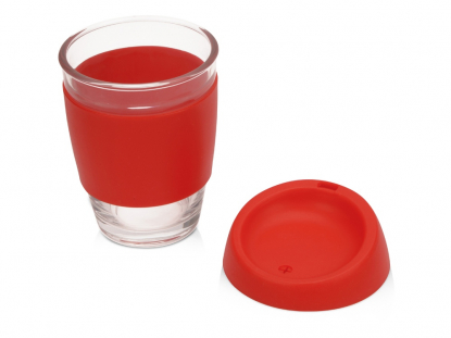 Стеклянный стакан с силиконовой крышкой и манжетой Monday, красный, открытый