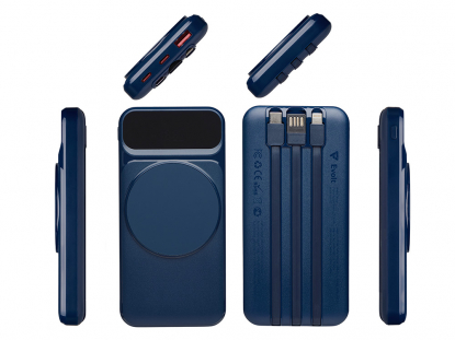 Магнитный беспроводной внешний аккумулятор со встроенными кабелями Мэни, 10000 мАч, темно-синий