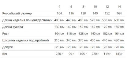 Размерная таблица рубашки поло First, детской
