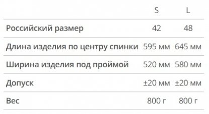 Размерная таблица жилета Vigour женского