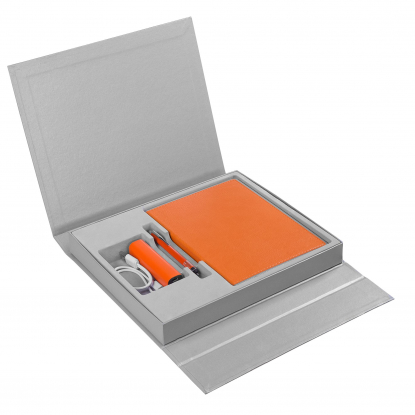 Коробка Status, под ежедневник, аккумулятор и ручку, серебристая, пример комплектации