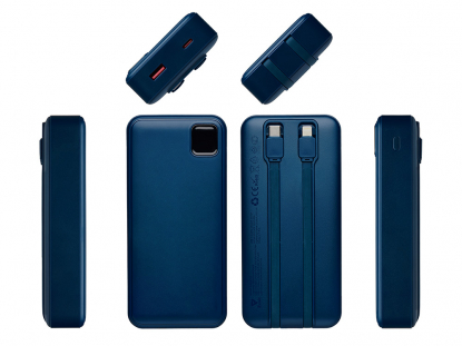 Внешний аккумулятор со встроенными кабелями Фрэйм Про, быстрая зарядка, 20000мач, темно-синий