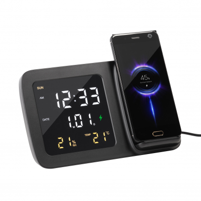 Настольные часы Smart Screen с беспроводным (15W) зарядным устройством, гигрометром, термометром, календарём, с подсветкой логотипа