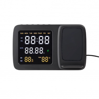 Настольные часы Smart Screen с беспроводным (15W) зарядным устройством, гигрометром, термометром, календарём, с подсветкой логотипа