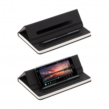 Блокнот с ручкой и вечным карандашом в пенале, с подставкой под смартфон, черный