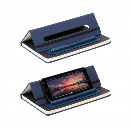 Блокнот с ручкой и вечным карандашом в пенале, с подставкой под смартфон, темно-синий