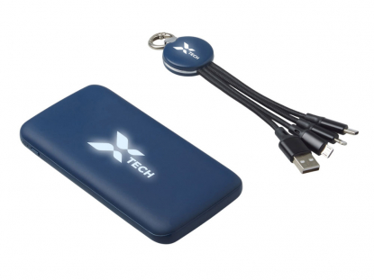 Набор из внешнего аккумулятора и универсального кабеля с подсветкой лого Reserve LED, 10000mAh, темно-синий