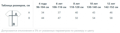 Размерная таблица рубашки поло Summer II Kids 170, детской