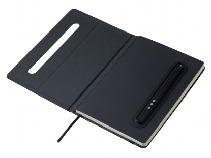 Блокнот А5 NotaBene с металлической шариковой ручкой и подставкой для телефона, черный