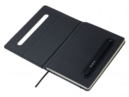 Блокнот А5 NotaBene с металлической шариковой ручкой и подставкой для телефона, черный