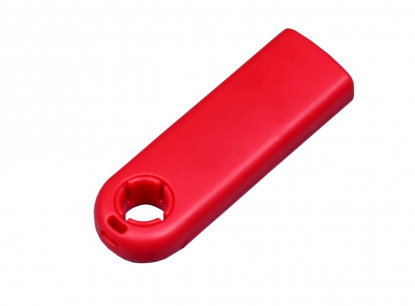 Флешка прямоугольной формы с выдвижным механизмом, красный ободок, обратная сторона