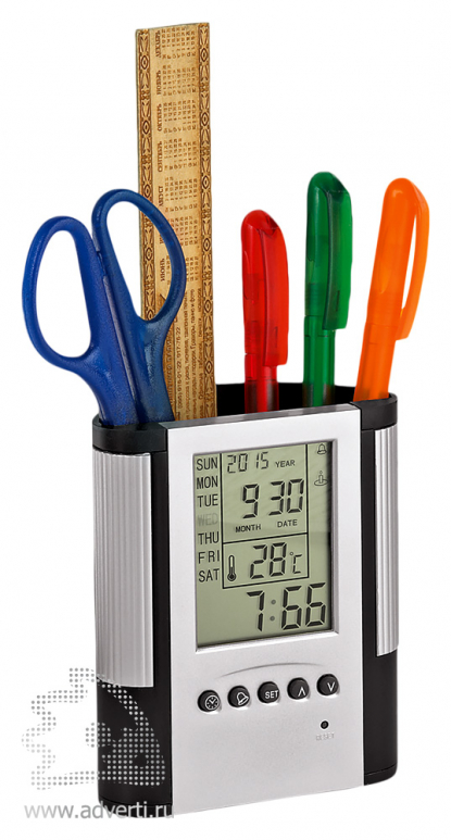 Подставка под ручки с часами, календарем и термометром