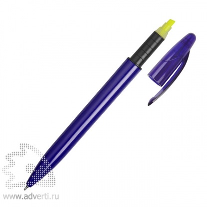Ручка пластиковая шариковая Mark с хайлайтером, синяя, без крышки