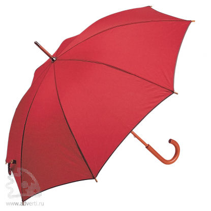 Зонт-трость с деревянной ручкой, полуавтомат, красный