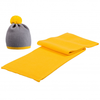 Шапка Amuse, серая с жёлтым, в комплекте с шарфом