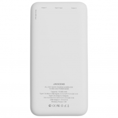 Внешний аккумулятор Uniscend All Day Wireless, 10 000 мAч, белый, вид сзади