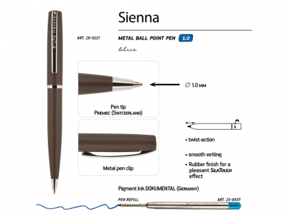 Ручка металлическая шариковая Sienna, софт-тач, коричневая
